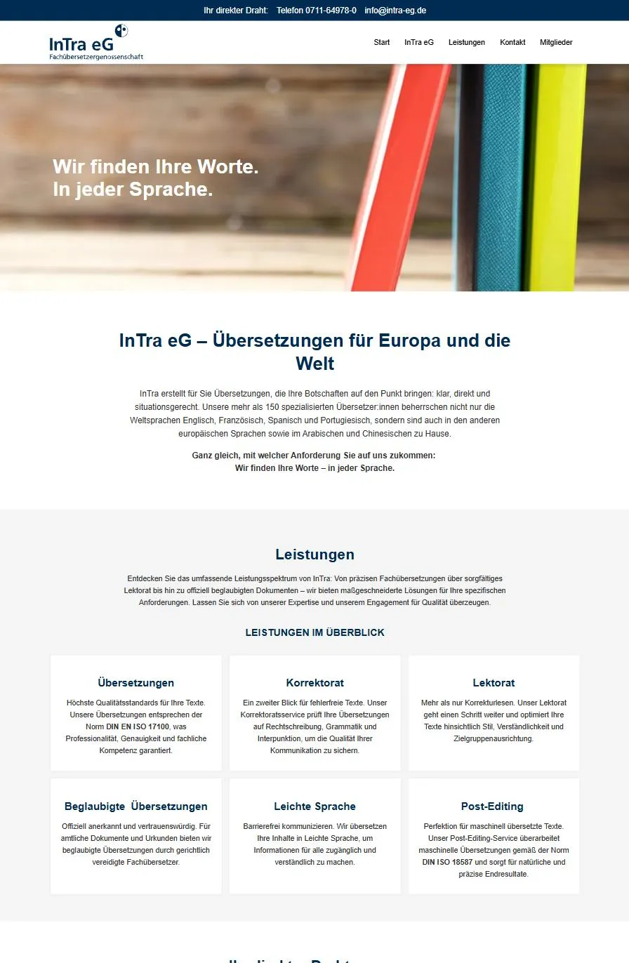 Scrollansicht der Website der InTra eG