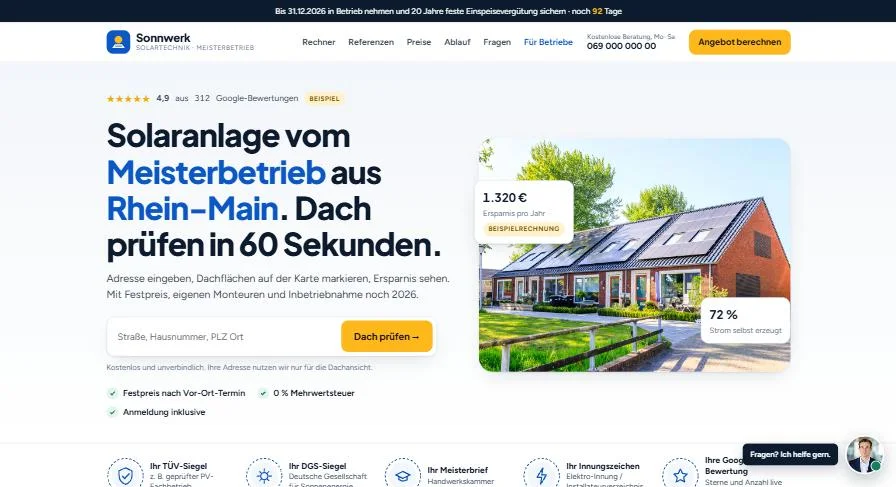 Demo des Solarrechners: Adresse eingeben und Dach prüfen